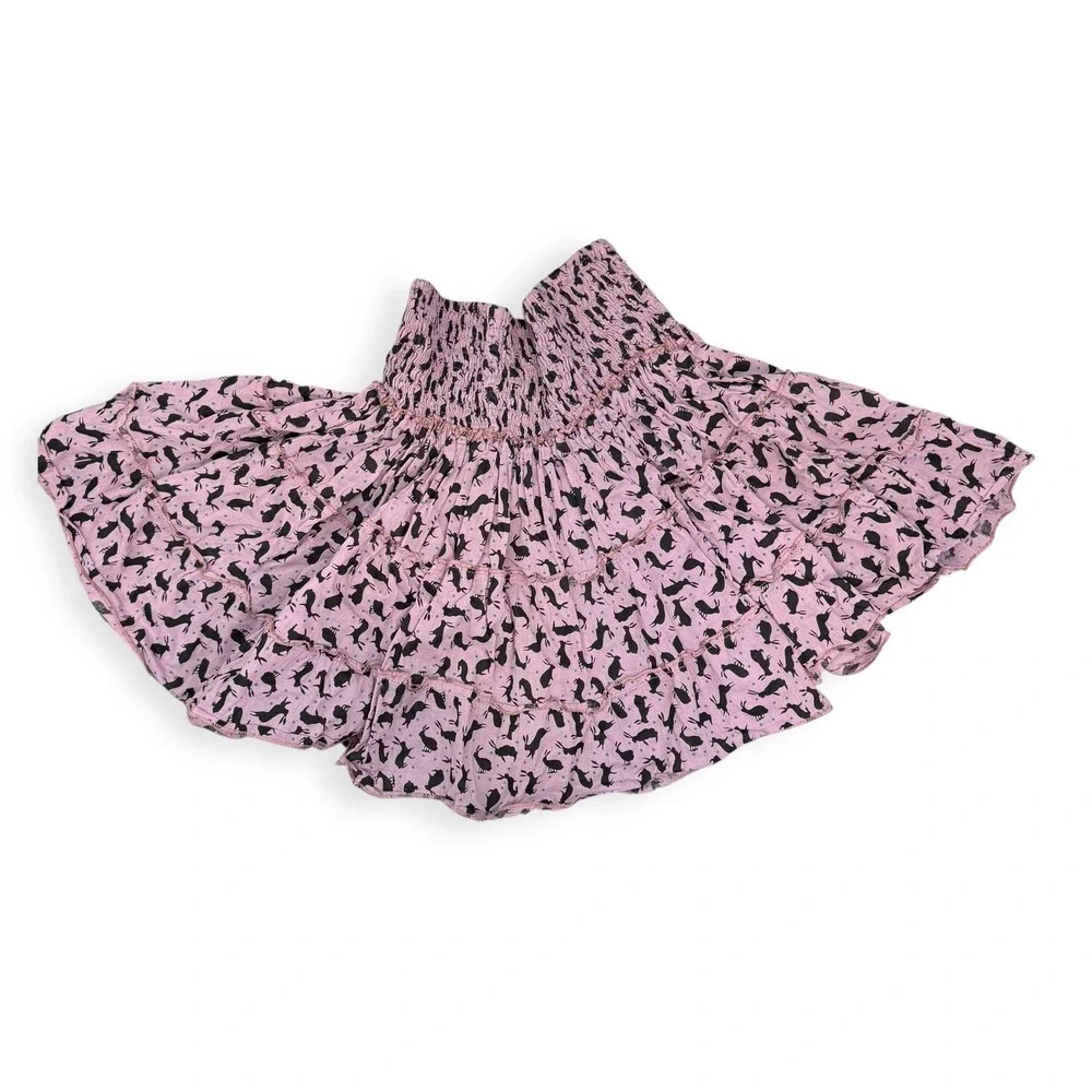 Perry Walker Smocked Tiered Cotton Rabbit Print‎ Mini Skirt 1